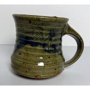 Hand Thrown Wide Bottom Coffee Mug Tea Cup Studio Pottery Tan/Blue Signed